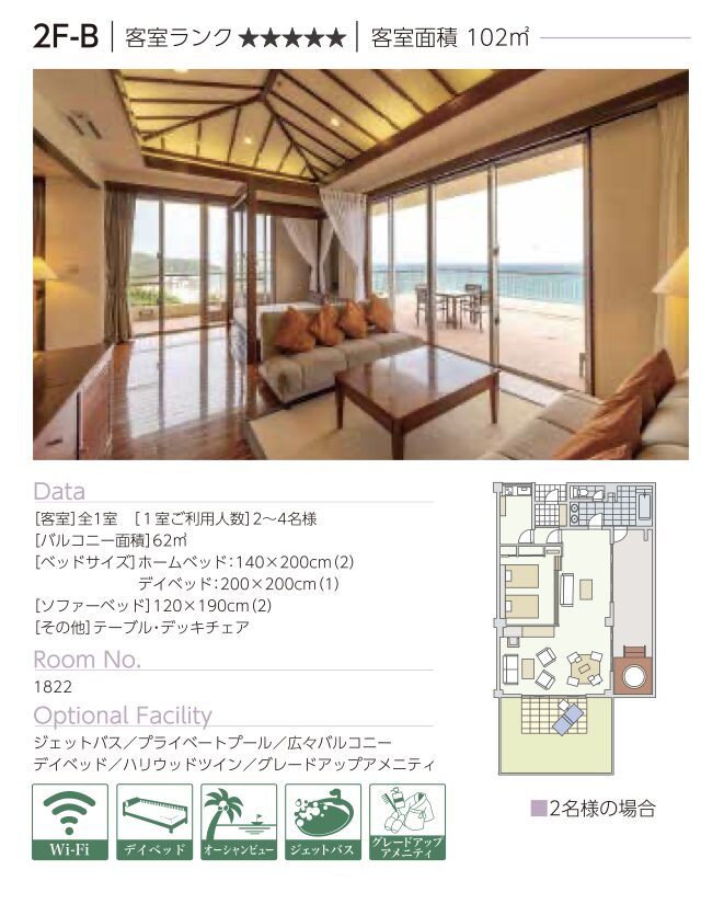 カヌチャベイホテル&ヴィラズ 客室タイプ比較表 アビアンビーチサイドコテージ2F-A